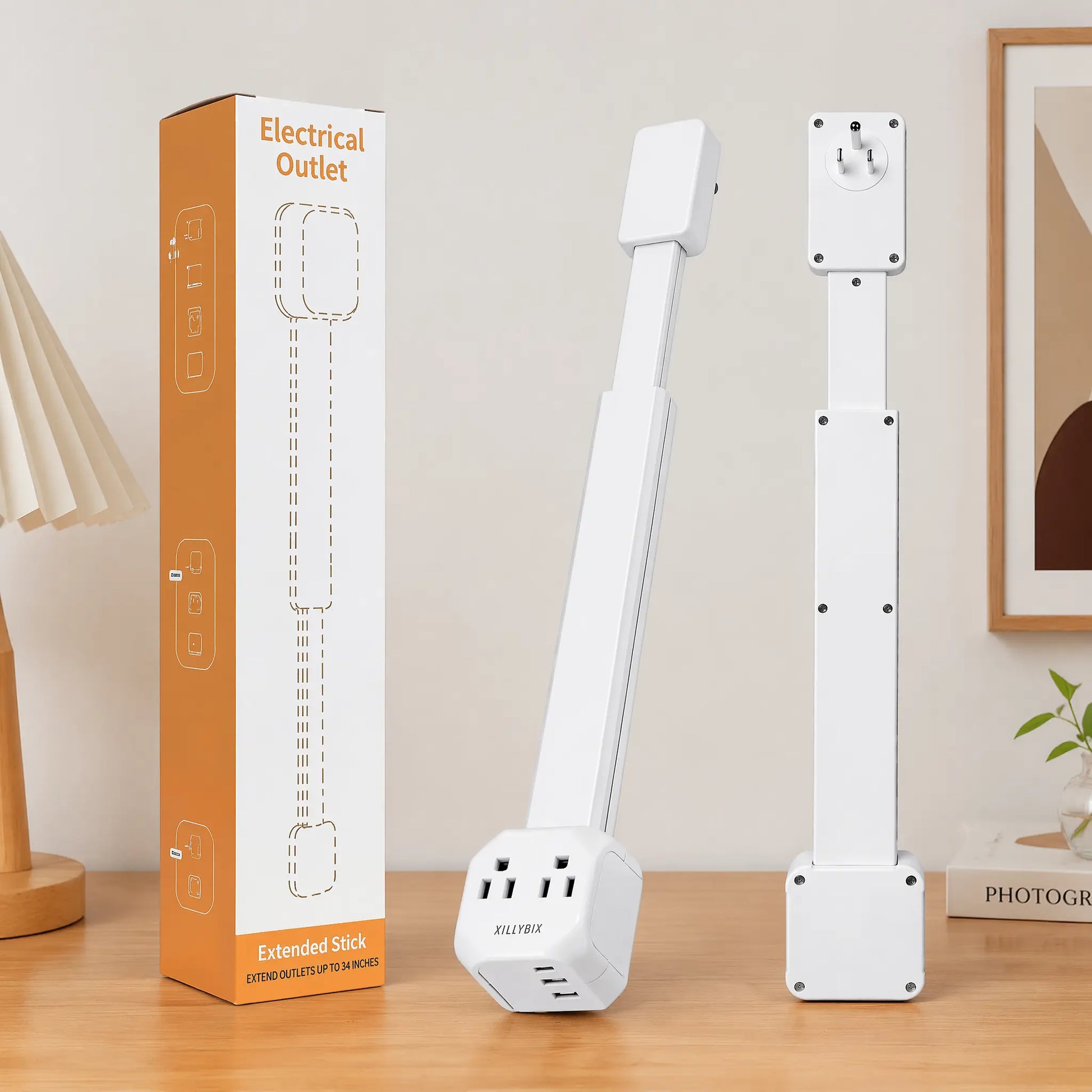 XURATTIX Electrical Outlet Extender Stick, 360° Rotating Wall Outlet - Features 2 USB-A, 1 USB-C, and 2 AC Outlets, Extends 17"-26", Access Hard-To-Reach Outlets, Use behind Sofa, Nightstands, Desks, and More