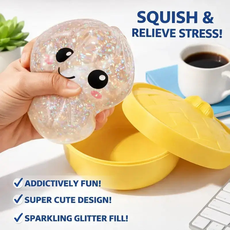 2026 New Glitter Dumpling Squishy 【1 Piece】 with Steamer Box, Soft Sensory Fidget Steamed Bun Squeeze Tool for Adult Stress & Anxiety Relief,