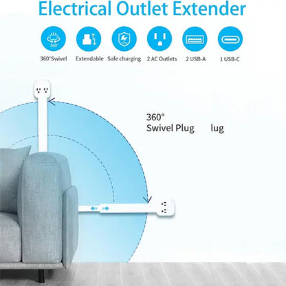 XURATTIX Electrical Outlet Extender Stick, 360° Rotating Wall Outlet - Features 2 USB-A, 1 USB-C, and 2 AC Outlets, Extends 17"-26", Access Hard-To-Reach Outlets, Use behind Sofa, Nightstands, Desks, and More