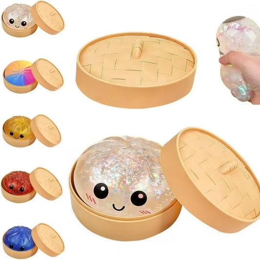 2026 New Glitter Dumpling Squishy 【1 Piece】 with Steamer Box, Soft Sensory Fidget Steamed Bun Squeeze Tool for Adult Stress & Anxiety Relief,