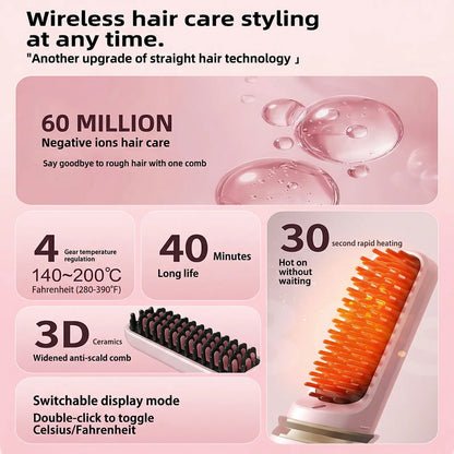 Cordless Hair Straightener Brush with Cover - Portable Mini Negative Ion Hot Comb for Travel, Gym & Car - USB Rechargeable Anti-Scald Hair Styler Hair Styling Tools