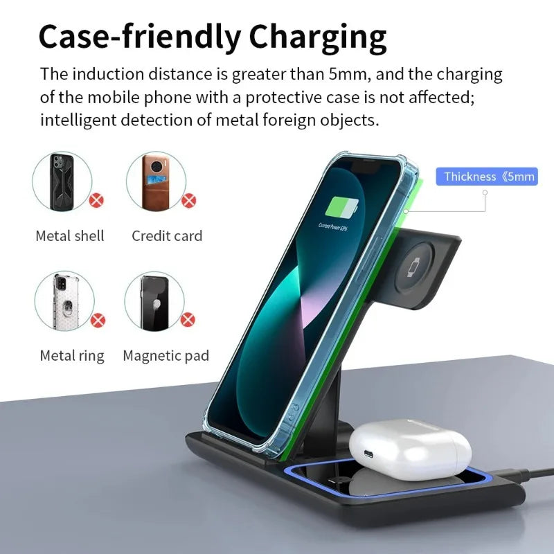 3 in 1 Wireless Charger Station Fast Fast Charging Station Stand for Iphone 17 16 15 14 13 12 11 Pro Max Apple Watch Airpods