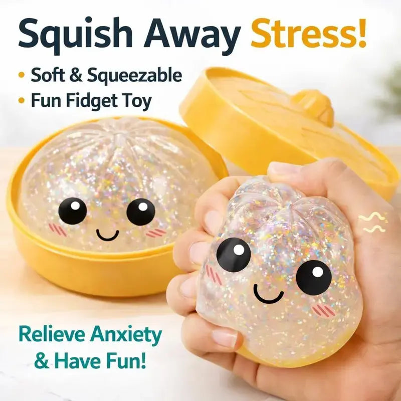 2026 New Glitter Dumpling Squishy 【1 Piece】 with Steamer Box, Soft Sensory Fidget Steamed Bun Squeeze Tool for Adult Stress & Anxiety Relief,