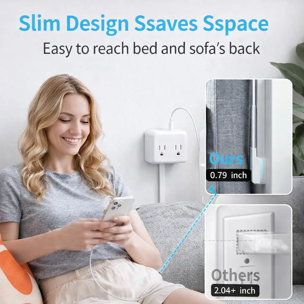 XURATTIX Electrical Outlet Extender Stick, 360° Rotating Wall Outlet - Features 2 USB-A, 1 USB-C, and 2 AC Outlets, Extends 17"-26", Access Hard-To-Reach Outlets, Use behind Sofa, Nightstands, Desks, and More