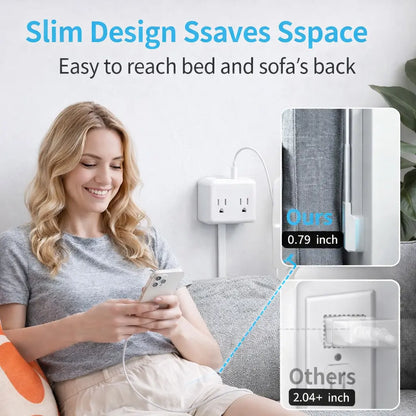 XURATTIX Electrical Outlet Extender Stick, 360° Rotating Wall Outlet - Features 2 USB-A, 1 USB-C, and 2 AC Outlets, Extends 17"-26", Access Hard-To-Reach Outlets, Use behind Sofa, Nightstands, Desks, and More