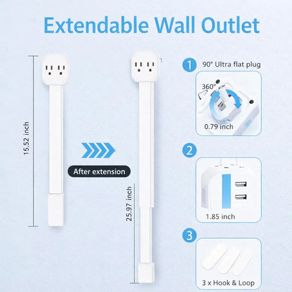 XURATTIX Electrical Outlet Extender Stick, 360° Rotating Wall Outlet - Features 2 USB-A, 1 USB-C, and 2 AC Outlets, Extends 17"-26", Access Hard-To-Reach Outlets, Use behind Sofa, Nightstands, Desks, and More