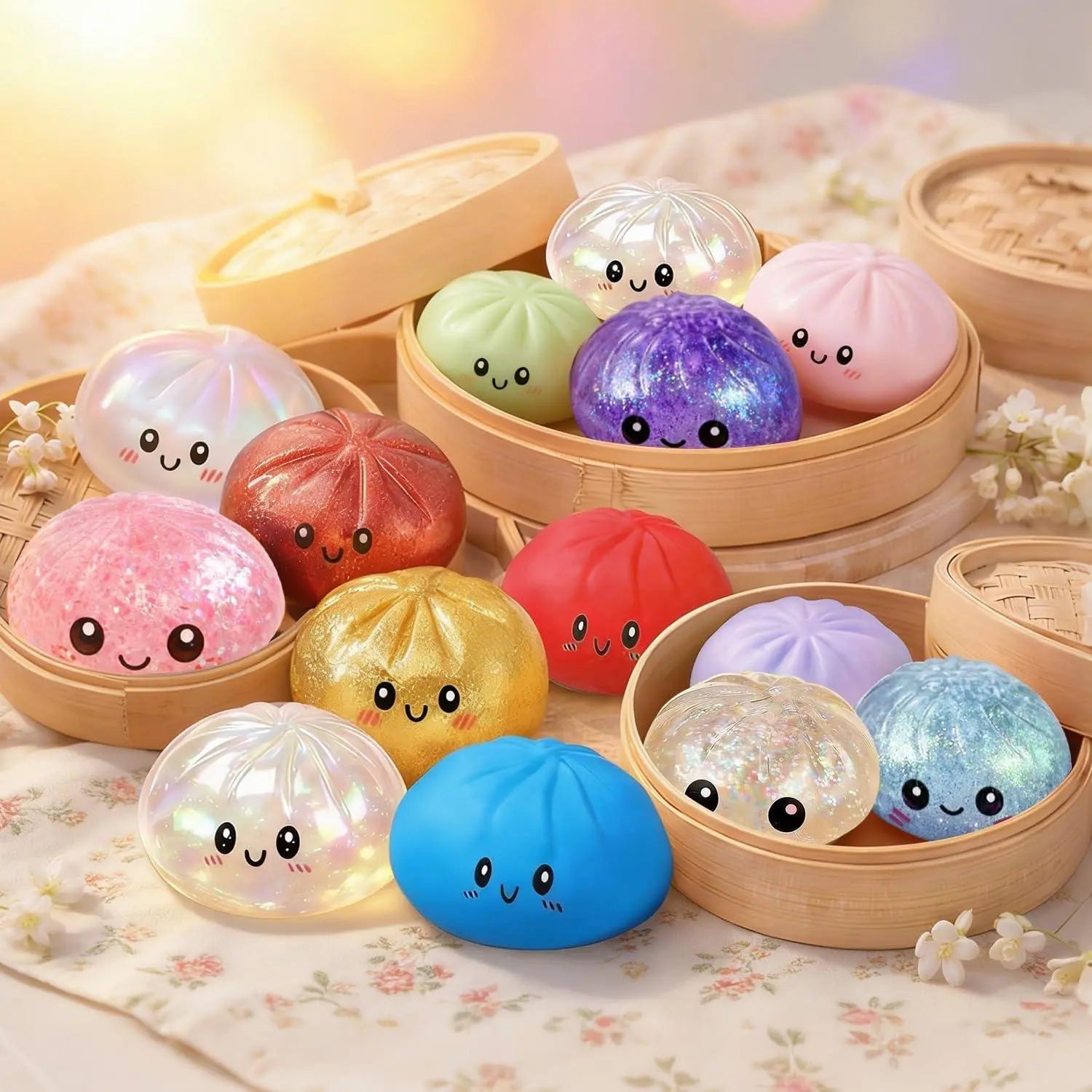 2026 New Glitter Dumpling Squishy 【1 Piece】 with Steamer Box, Soft Sensory Fidget Steamed Bun Squeeze Tool for Adult Stress & Anxiety Relief,
