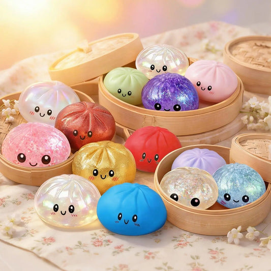 2026 New Glitter Dumpling Squishy 【1 Piece】 with Steamer Box, Soft Sensory Fidget Steamed Bun Squeeze Tool for Adult Stress & Anxiety Relief,